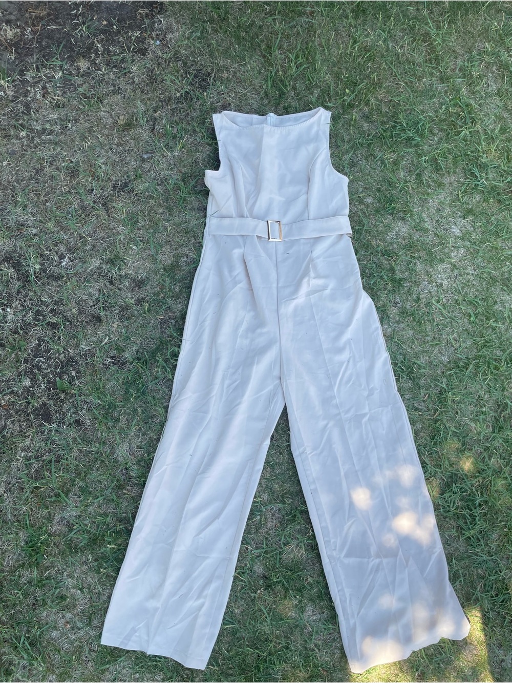 SHEIN Cream Sleeveless Belted Wide-Leg Jumpsuit